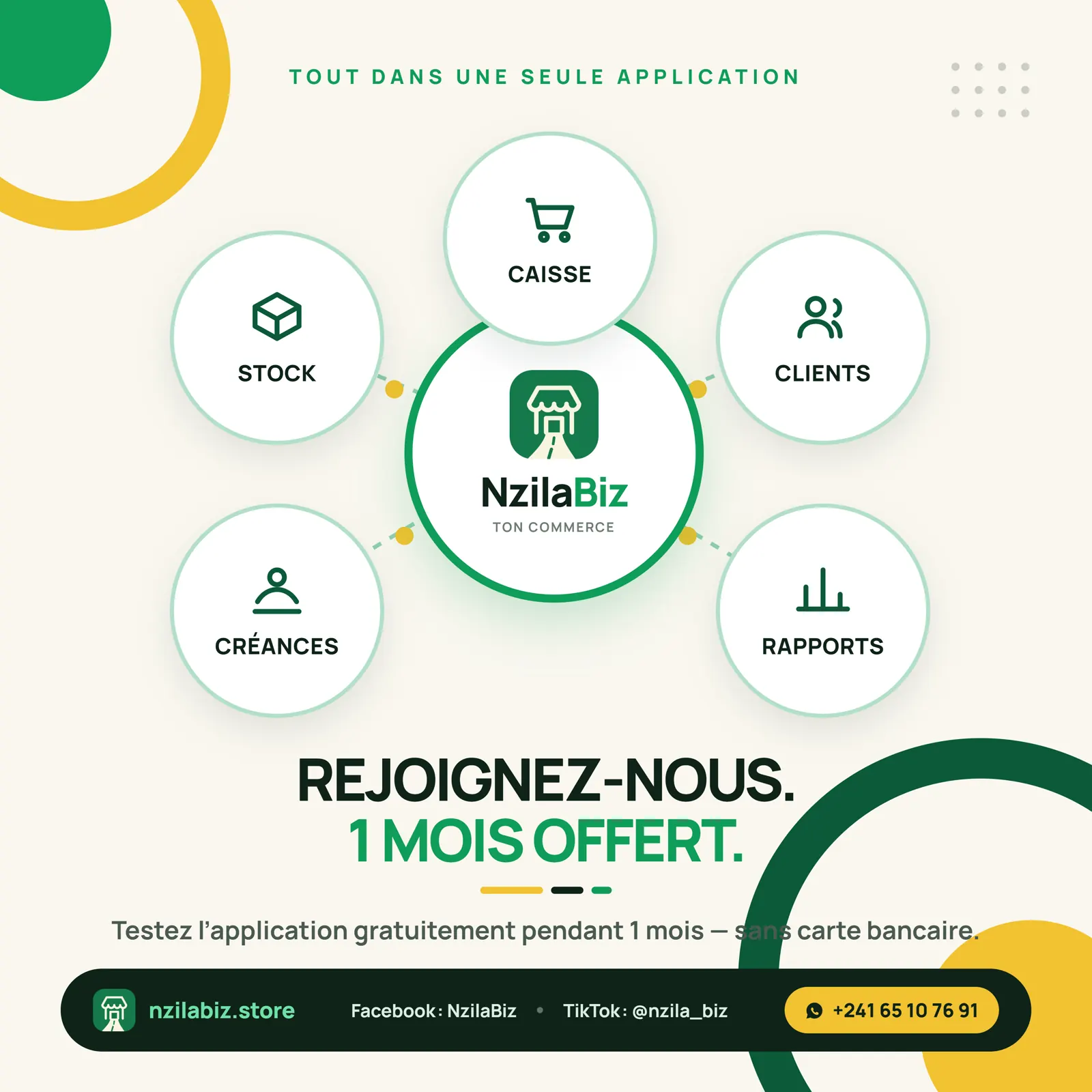 Visuel de campagne NzilaBiz présentant les modules de l’application